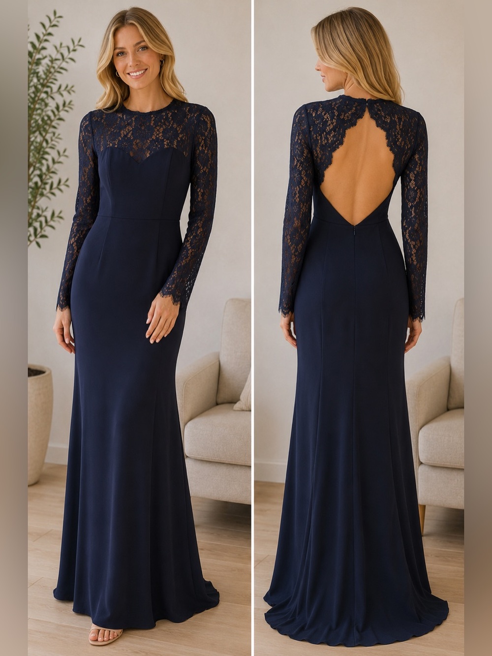 Minuet Navy Lace Long Sleeve low back Dress